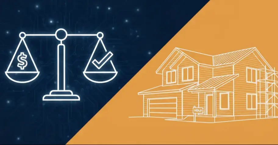 A line-art illustration of a modern house on the right, balanced against a financial scale on the left. The background is split between a blue financial data theme and an orange architectural theme, representing the strategic balance between favorable rates and a successful construction project.