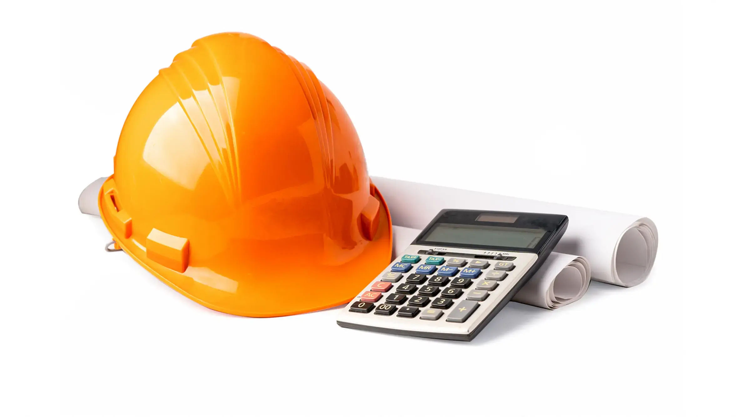 A calculator, orange hard hat, and house plans represent a bridge loan calculator. 