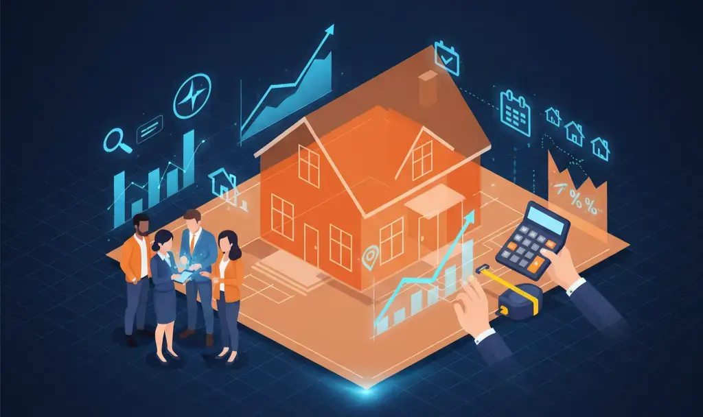 An illustration in orange and blue, depicting real estate investors analyzing a house on a platform with market analytics and financial charts. Hands hold a calculator and measuring tape, symbolizing the precise ARV calculation and market research needed for real estate investment decisions.