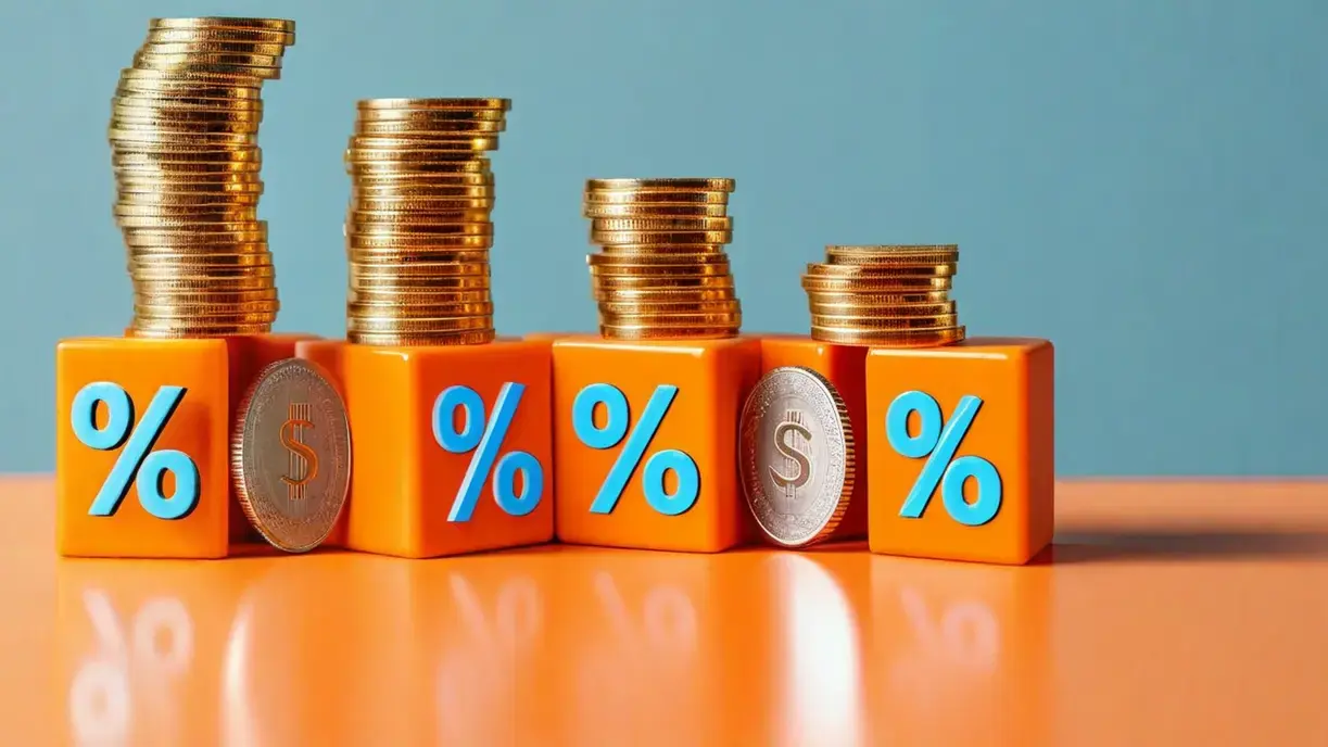 Stacks of coins and percentage symbols representing financial metrics used in cap rate calculation for real estate investments.