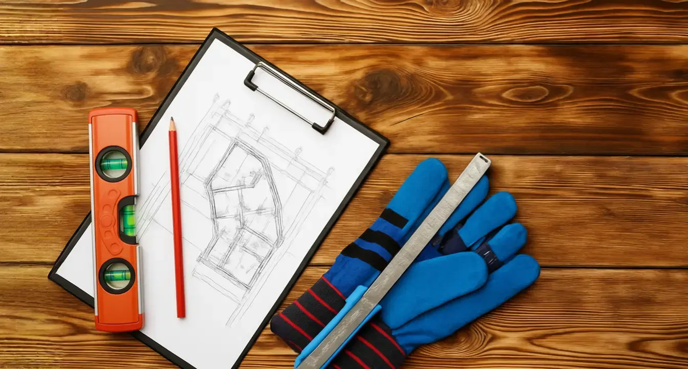 An orange, level, blue gloves, and house blueprints represent a construction loan draw schedule. 