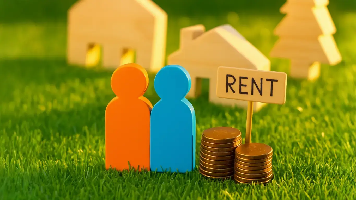 Rental income concept with figurines, coins, and a “Rent” sign in front of house models, representing how DSCR loans and traditional mortgages evaluate investment property financing.