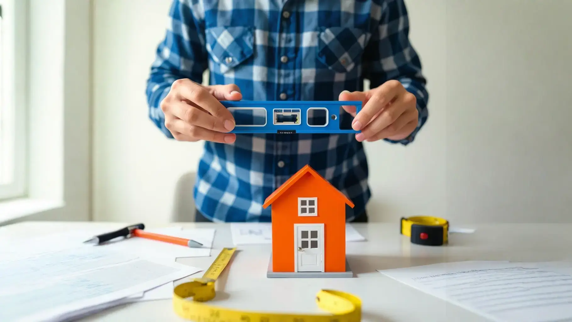 Fix and flip loans for beginners represented by a contractor holding a blue level atop an orange model home. 