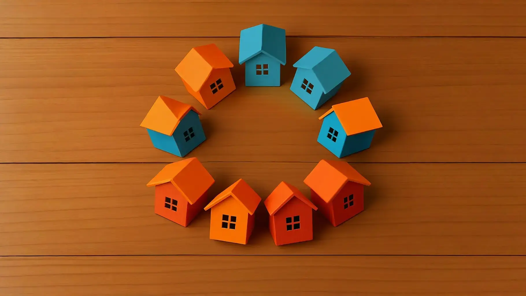 Circle of colorful houses in Groundfloor Lending brand colors, symbolizing the flip houses process in real estate investing