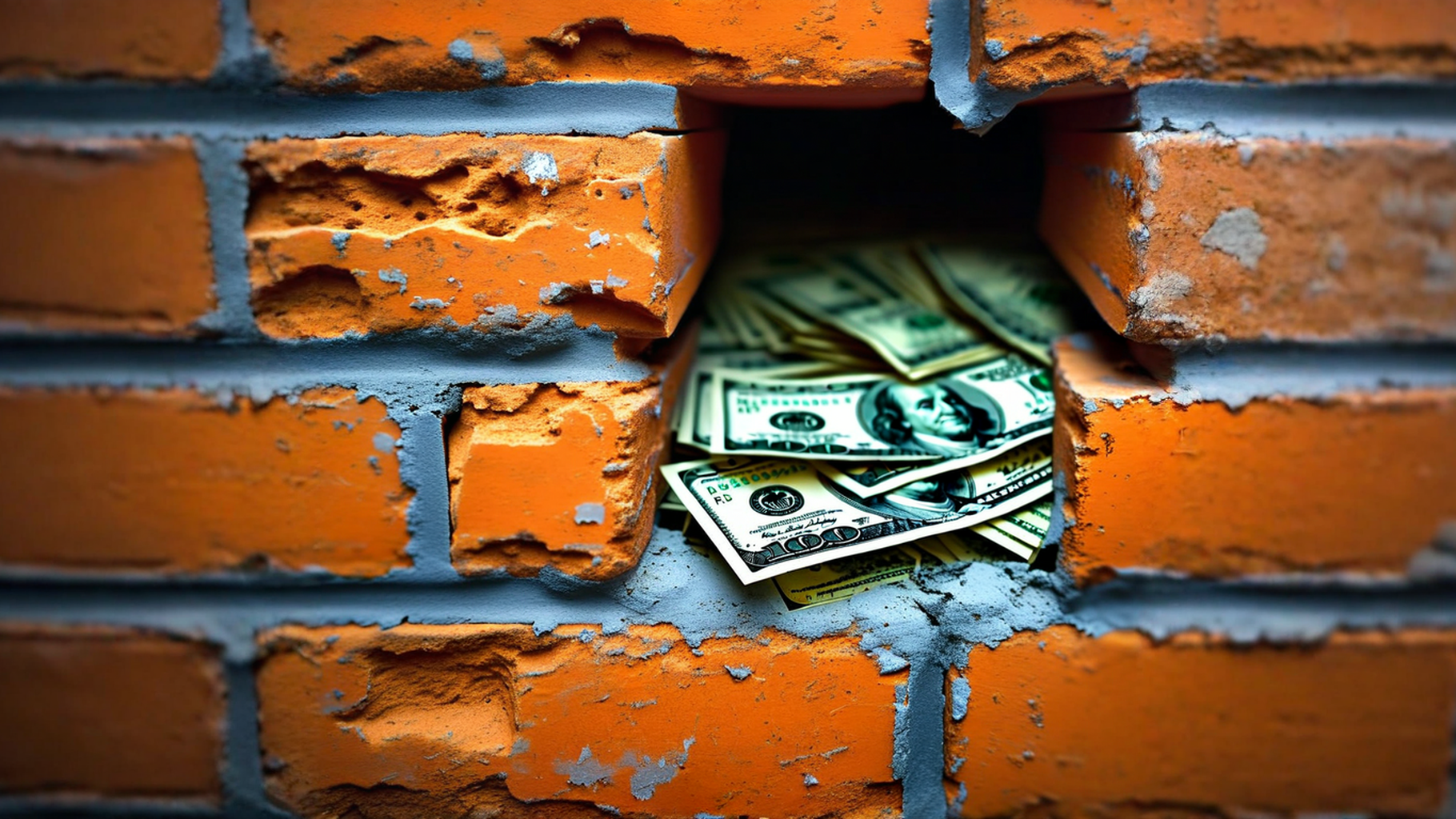 Gap financing concept illustrated with cash hidden behind cracked bricks, symbolizing funding shortfalls in real estate projects.