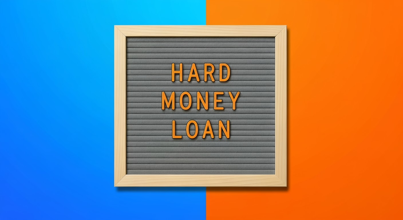 Simple hard money loan definition on letterboard with bright blue and orange background.