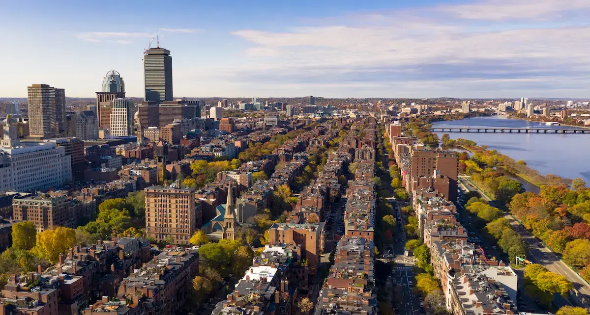Aerial view of Boston’s Back Bay and Charles River, used in a blog about hard money lenders near me in Boston