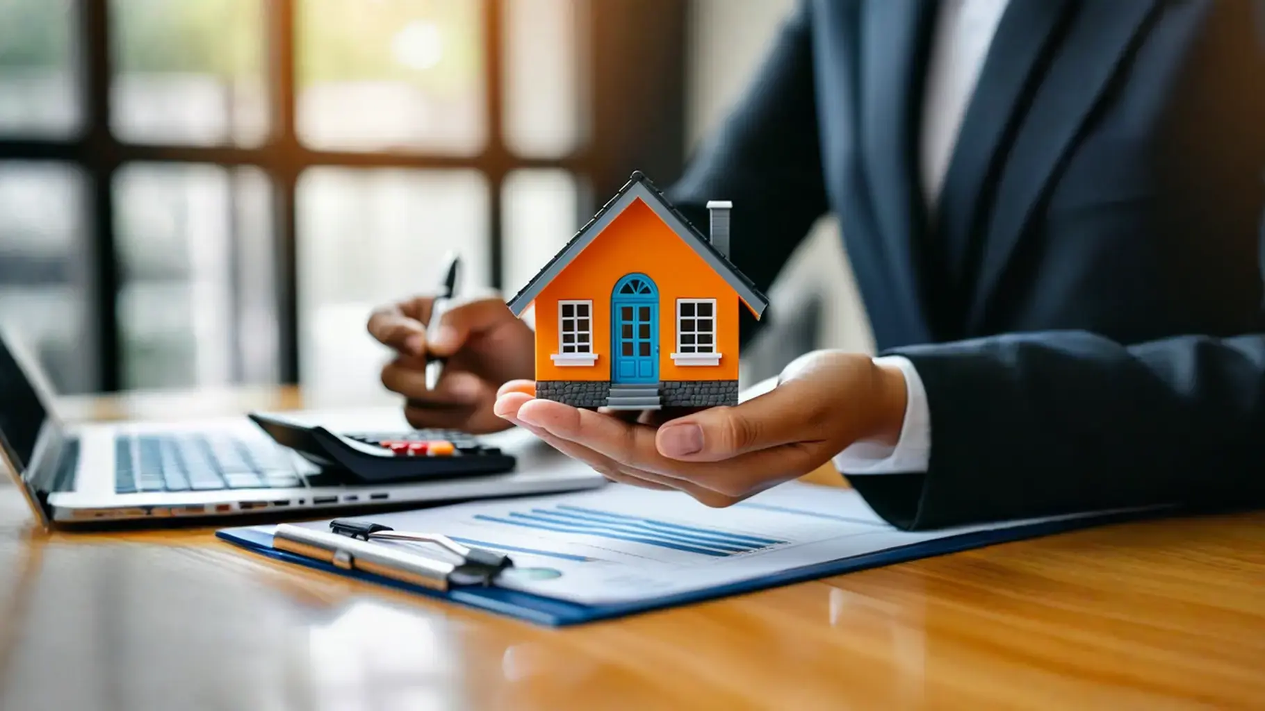 Professional holding a model house over loan documents, representing hard money loan lenders in real estate investing.