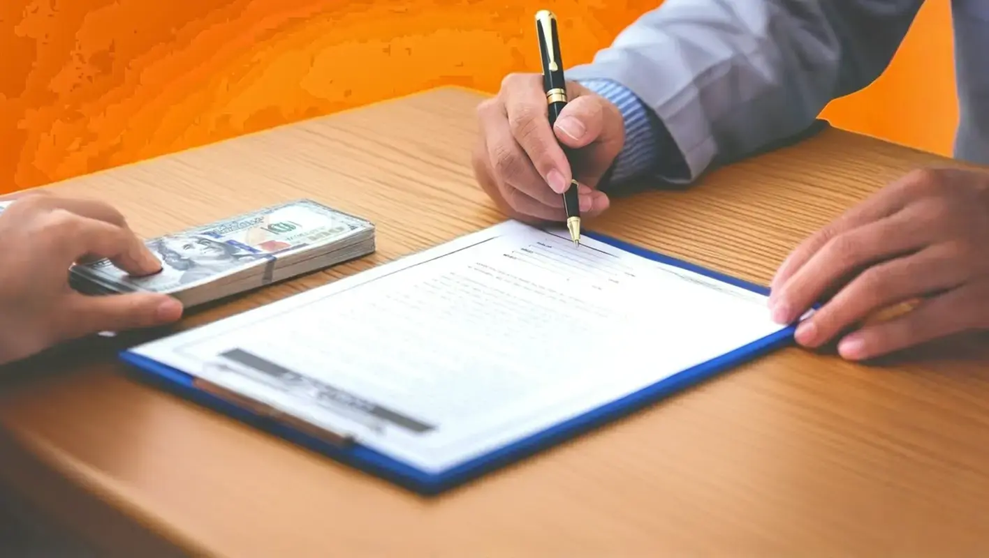 Signing hard money loan agreement with lender and cash on desk.