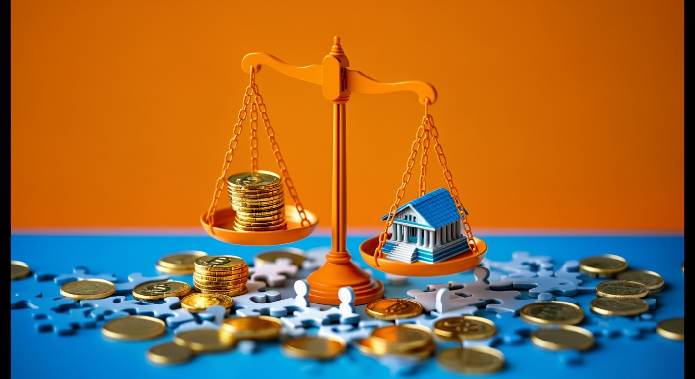 Loan-to-cost meaning represented by a scale weighing coins and a house.