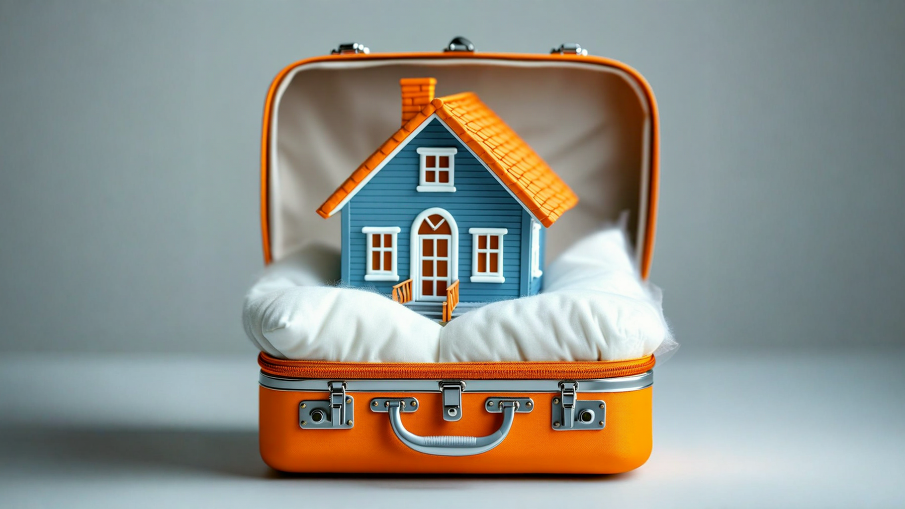 Illustration of a furnished house placed inside an open suitcase, symbolizing mid-term rentals and temporary housing solutions.