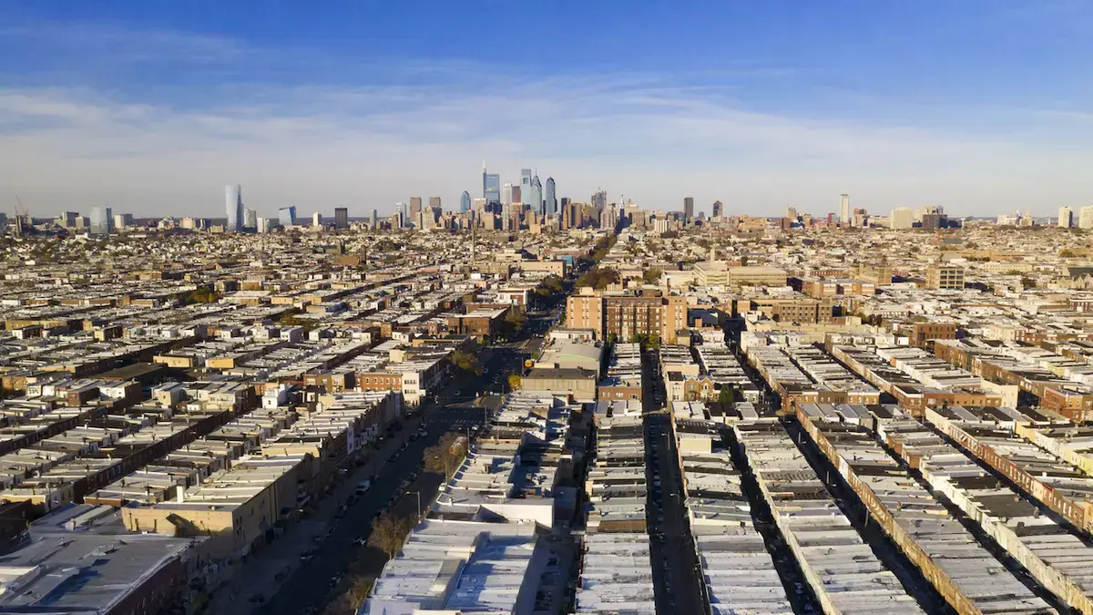 Philadelphia real estate investment trends represented by an aerial view of South Philadelphia neighborhoods.