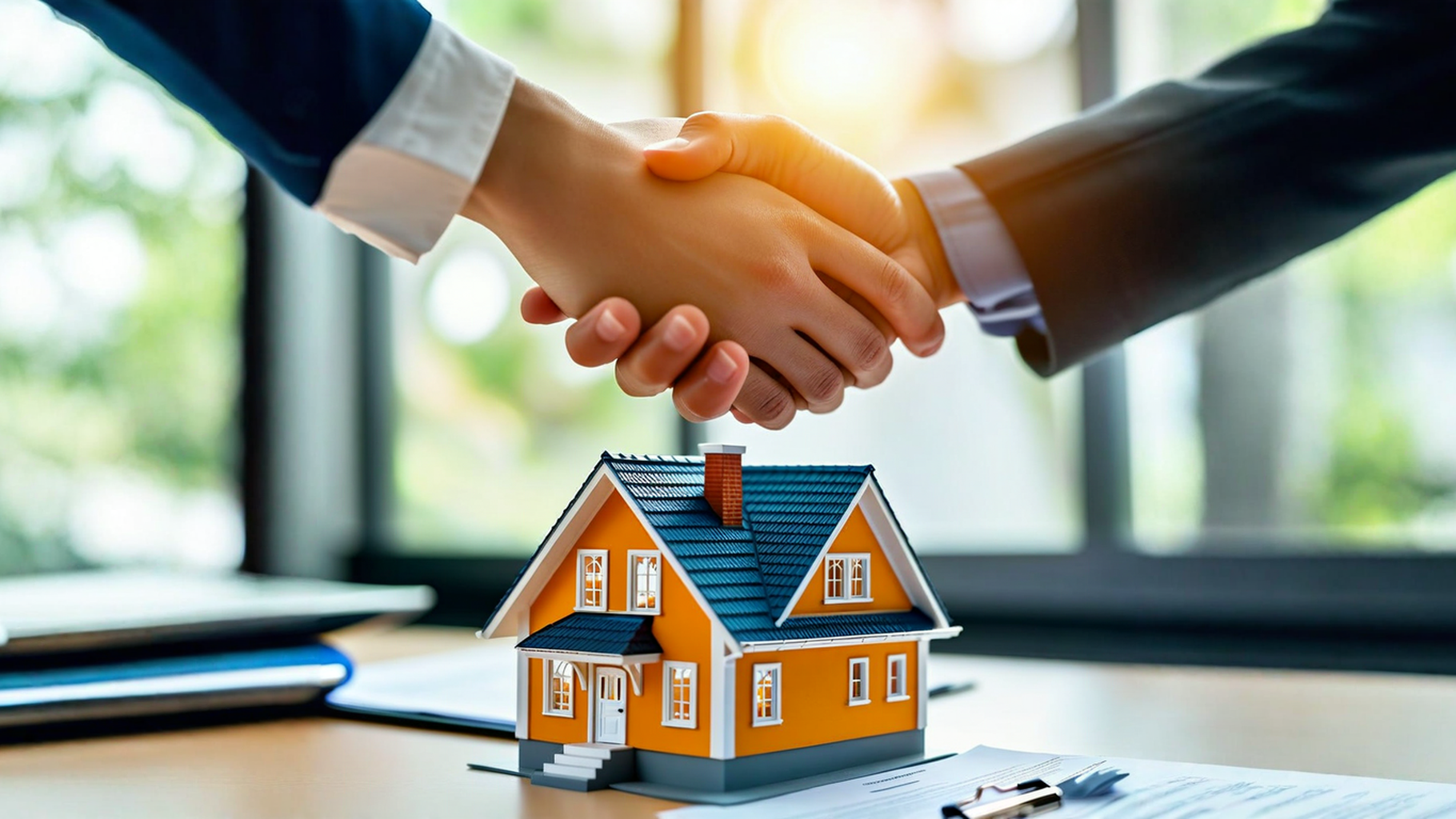 Private money lenders shaking hands in front of a model home.