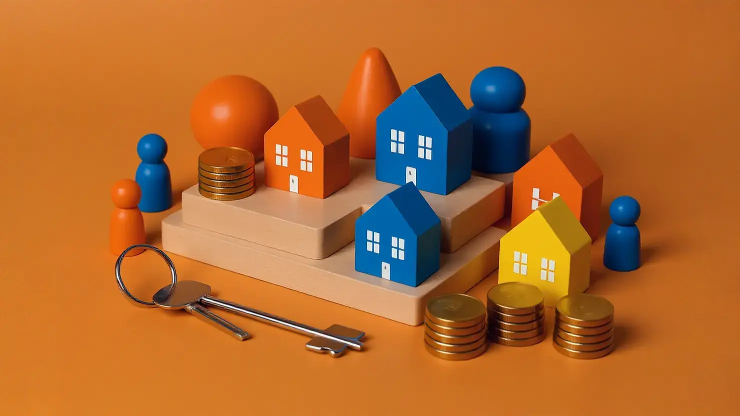 Visual representation of real estate investment loans with stacked wooden houses, coins, keys, and game pieces symbolizing financing and property deals.