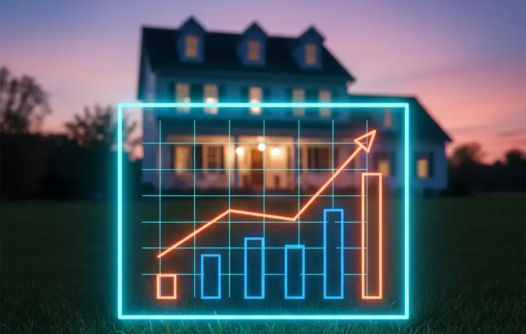 A chart, in orange and blue, shows bar data representing various financial metrics and a line graph representing increasing property value. This image visually represents the refinancing process and the financial benefits of converting a fix-and-flip property into a long-term investment.