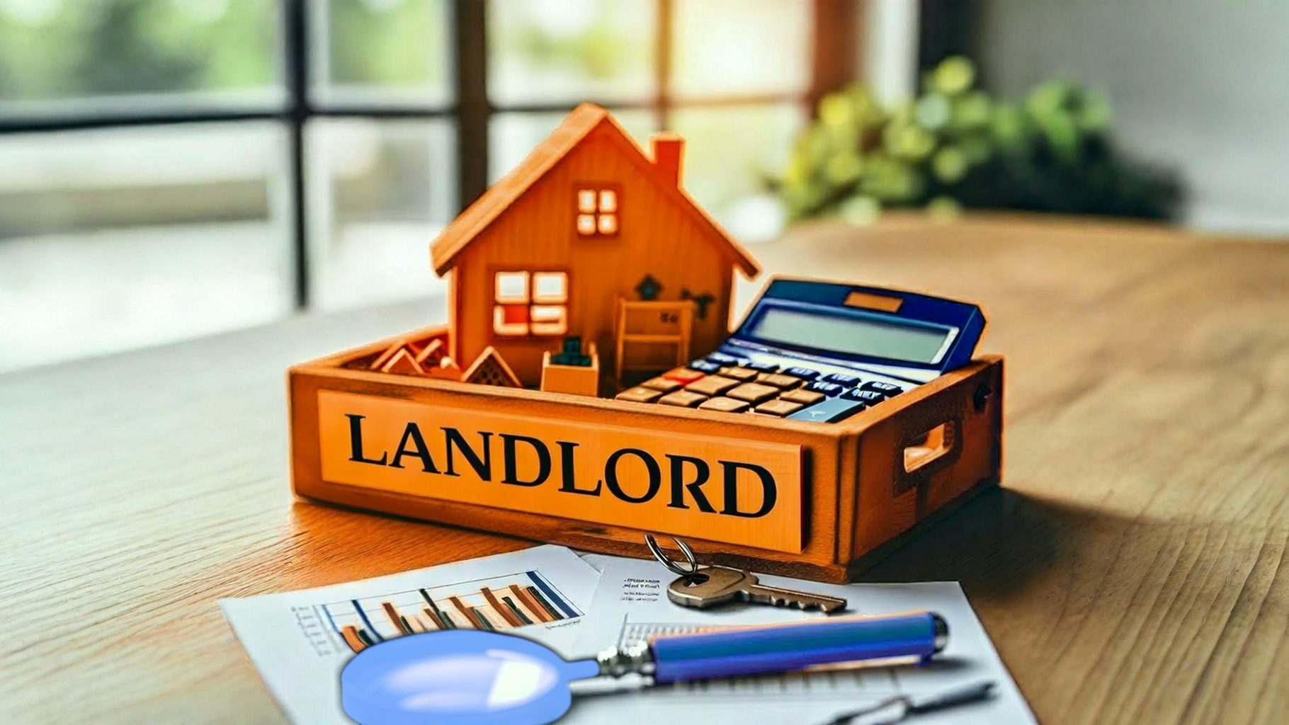 Rental property loan rates illustrated by a model home inside a box labeled 'Landlord.'