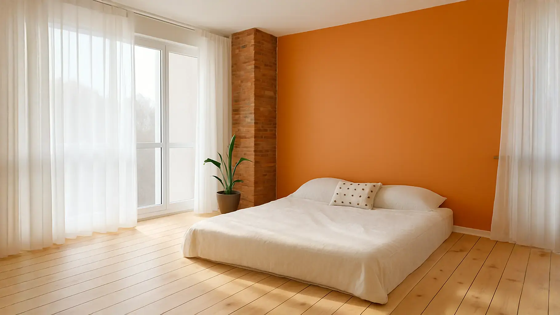 Modern short term rental bedroom with orange accent wall and natural light.